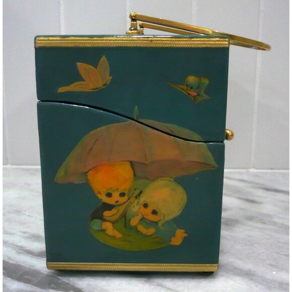 Vtg Handmade Cottagecore Wooden Purse Decoupage Whimsical Makeup Trinket Box - Picture 7 of 16